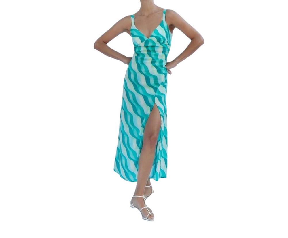 NWT Zara Midi Dress Women's XS Green Wavy Print Geometric Sleeveless V-Neck